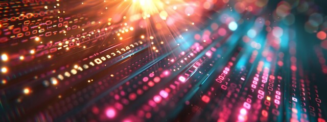 Digital background featuring binary code and light rays, creating an abstract tech inspired backdrop for design projects.