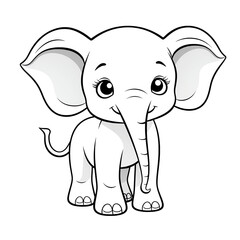 A cute cartoon baby elephant with big eyes, simple line art coloring book style