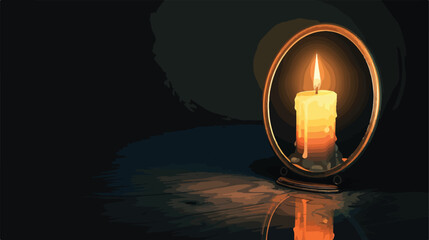 Candle looking at its reflection in mirror on dark background