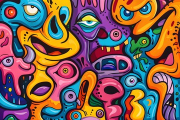 Whimsical Abstract of Mischievous Imps and Sprites in Vivid Neon Colors