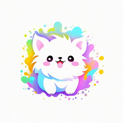 Cute kawaii white cat on colorful watercolor splash background