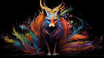 Obraz premium Abstract Colorful Illustration of a Nine-Tailed Fox on a Black Background