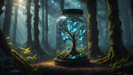 A Haunting Forest of Bioluminescent Flora and Ominous Crows with Ethereal Terrarium