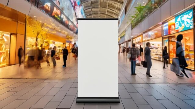 Vertical blank billboard stands in a bustling shopping mall lined with stores. People walk and shop, blurred in motion.
