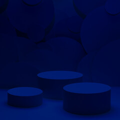 Abstract stage for presentation skin care products - three round podiums mockup in gradient dark...