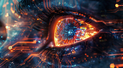 Dynamic streams of data flowing through a labyrinth of circuitry, illustrating the complex inner workings of a digital eye.