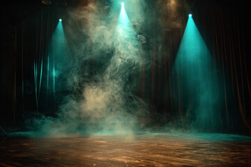 Deep bronze smoke curling across a stage under a pale aqua spotlight, offering a vintage, nostalgic...