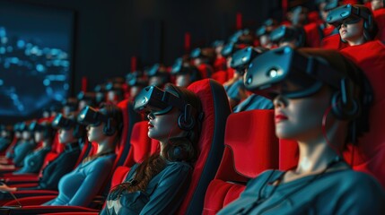 Audience wearing AR/VR eyeglasses, watching movie in cinema room, luxury interior design theater, AI generated for ads