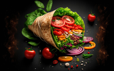 kebab wrap, product studio photo, dark black background, fresh salad tomato onion, illustration...