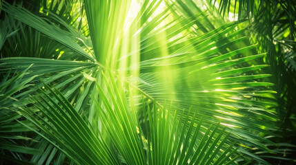Nature, tropical palm leaves with sun rays in summer, wallpaper background. AI generated.