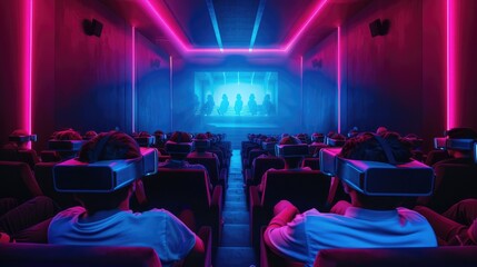 Audience wearing AR/VR eyeglasses, watching movie in cinema room, luxury interior design theater, AI generated for ads