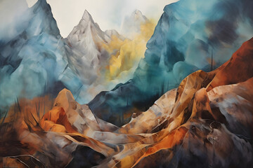 calming mountain beside rocky outcrop, abstract landscape art, painting background, wallpaper