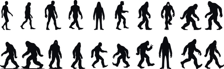 Bigfoot silhouette evolution sequence, mysterious creature, mythical legend, Sasquatch folklore, humanoid ape like, cryptozoology enigma, shadowy figure