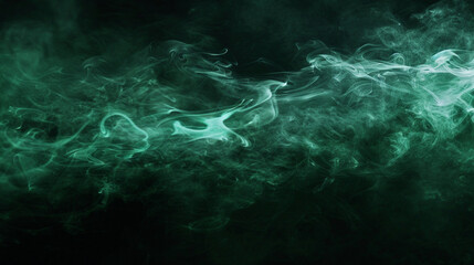 Fototapeta premium Dense emerald green smoke forming a low mist against a stark midnight black background.