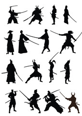 Samurai silhouettes. Black and white  Vector illustration