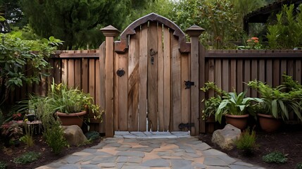 A charming garden gate crafted from reclaimed wood, adding rustic elegance to an outdoor space