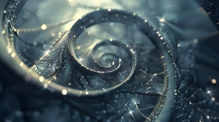 In the depths of the cosmos, dark 3D spirals intertwine with geometric intricacies, illuminated by glinting silver particles.