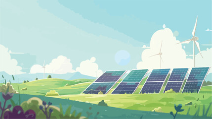Collage with solar panels and windmills in field.