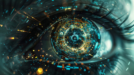 Interlocking gears and circuitry forming the intricate machinery of a digital eye, pulsating with energy and vitality.