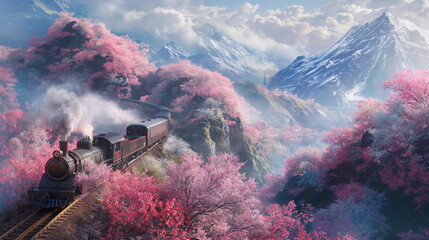 Idillic panorama of mountains and sakura trees with train