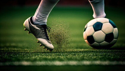 feet of a soccer player with a soccer ball. Generative AI,
