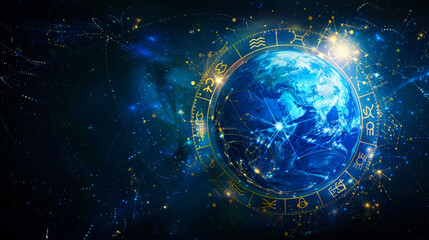 Obraz premium Planet Earth encircled by zodiac signs and astrology symbols