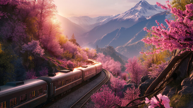 A beautiful fantasy idillic landscape with train