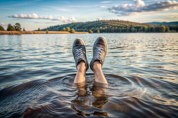 feet made of water, wearing shoes