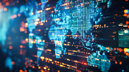Obraz premium Program code lines and world map on a futuristic screen