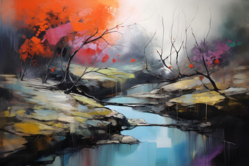 fascinating river alongside pathway, abstract landscape art, painting background, wallpaper