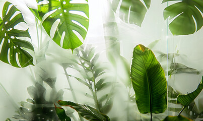 Tropical plants with an effect behind glass, as if behind glass, frosted glass, white background, a few leaves glued to the glass, a small haze