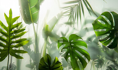 Tropical plants with an effect behind glass, as if behind glass, frosted glass, white background, a few leaves glued to the glass, a small haze
