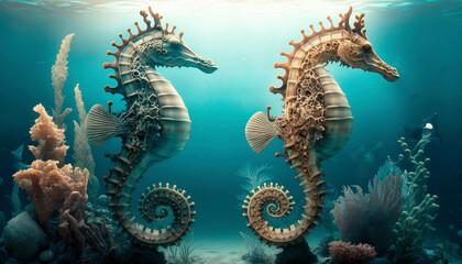sea horses in the sea. Generative AI,
