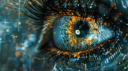 Translucent layers of digital information converging to form the intricate mosaic of a futuristic eye's perception.