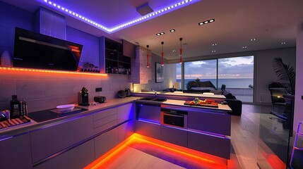 Transform your kitchen into a stylish entertainment hub with a smart TV and LED strips lining the countertops, creating