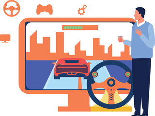 Boy playing racing game on monitor.