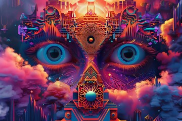 Capture the essence of infinite possibilities with a psychedelic twist in a digital rendering of a rear view scene in DMT art style, featuring vibrant colors and intricate geometric patterns