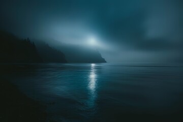 Dark and atmospheric beach scene at night with mist and moonlight reflecting off calm waters, evoking a sense of solitude and mystery suitable for dramatic scenes or nature wallpapers.

