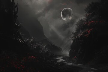 Mysterious night landscape featuring a rocky terrain under a bright full moon, highlighted by vibrant red flowers and a winding river, evoking a sense of eerie beauty and solitude.

