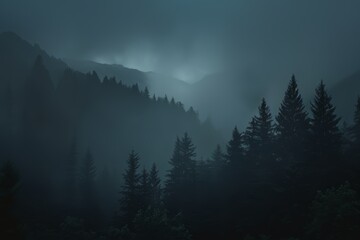 Mysterious forest landscape with fog and a subdued blue light filtering through dense pine trees, creating a tranquil and eerie atmosphere ideal for moody backgrounds or nature themes.

