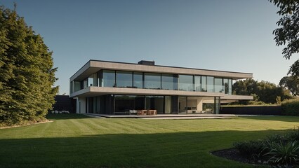 minimalist modern house with a large lawn and a tree in the foreground
