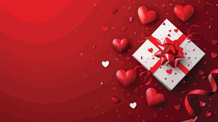 Composition with paper gift and hearts on red background