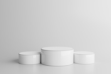 Product setting three podium white abstract minimalistic geometry, minimal light interior, object placement, abstract gray background room, 3d rendering
