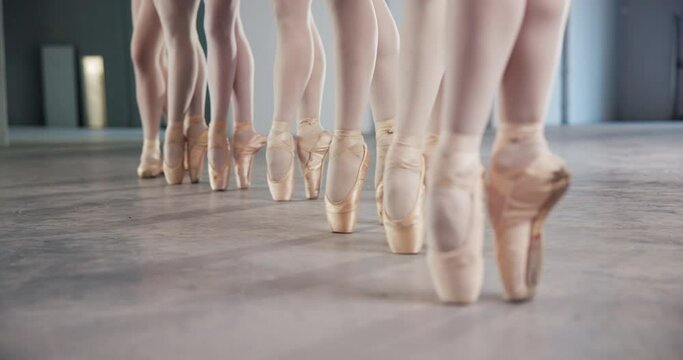 Ballet, people and group with dance in studio for performance art, talent and practice of routine. Ballerina, creative school and women with training in class for balance, flexibility and elegance