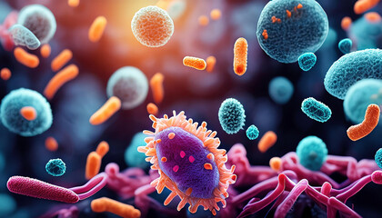 Vibrant illustration of microbiota including bacteria, fungi, protozoa, and viruses coexisting