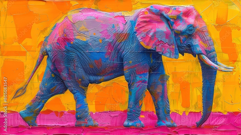 Wall mural   Elephant painting with yellow-pink background & pink strip at bottom