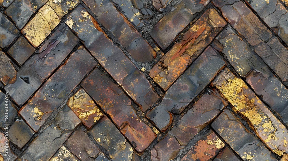 Canvas Prints   A close-up photo of a brick sidewalk with yellow and brown paint flaking from its edges