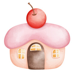 A cute cartoon house with a cherry on top. The house is pink and white with a brown door and yellow windows.