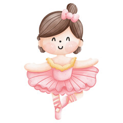 Little cute ballerina is dancing happily with a beautiful smile on her face. She is wearing a cute pink tutu and ballet shoes.