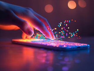 A hand touching a smartphone screen with colorful digital particles flying out, representing data transfer.